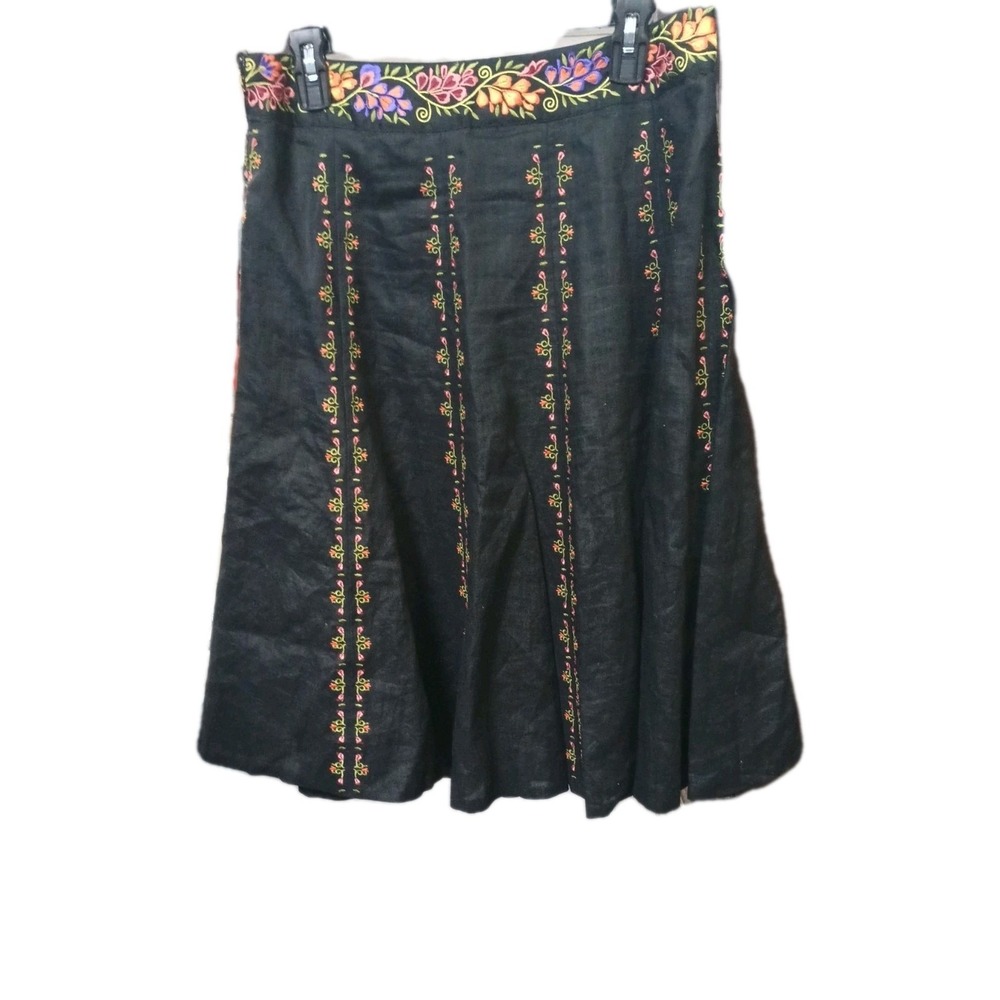 Peter Martin Linen Midi A Line Floral Embroidered Skirt Black Cottagecore Size 8